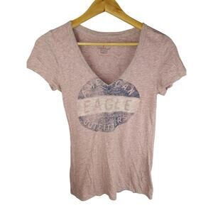 American Eagle Outfitters Pink Heather V-Neck Logo Tee